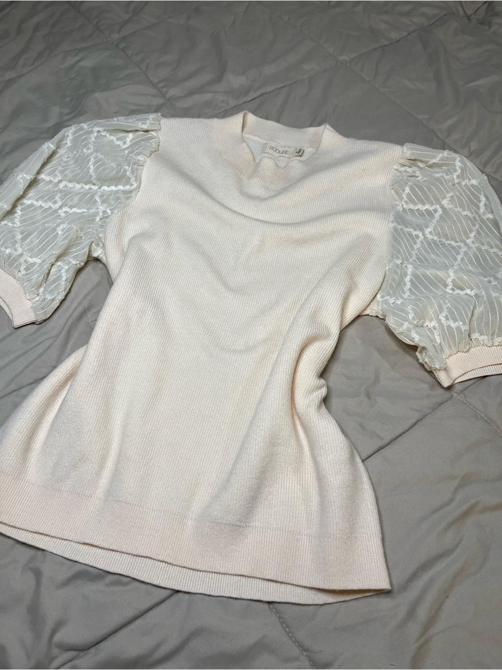 Roolee Cream Puff-Sleeve Cowl Neck Sweater